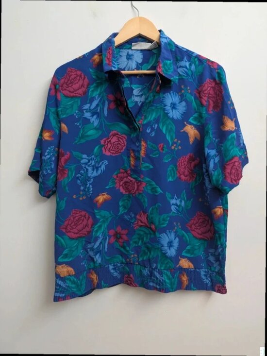 Tops - Vintage 90s Purple Floral Blouse Bold Botanical Summer 10